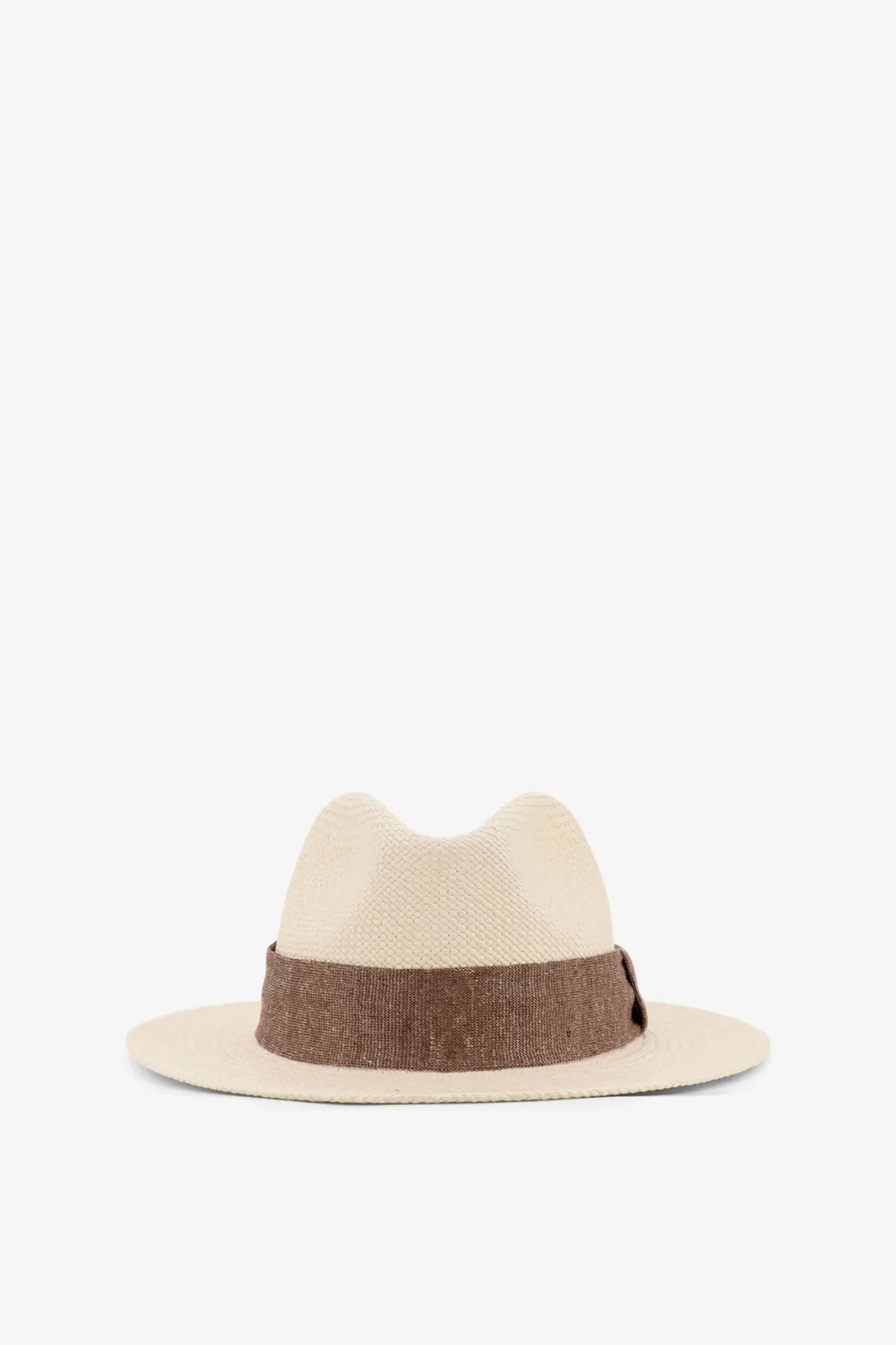 Beige woven fedora hat with brown textured band made of Panama straw by Kiton for men