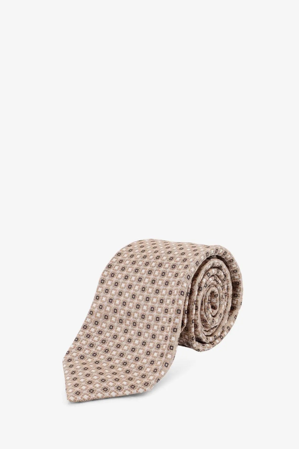Beige Kiton men’s silk tie with subtle geometric pattern of small dark squares rolled neatly for display