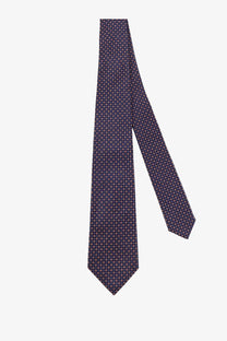 Kiton men’s silk tie in dark navy with a subtle geometric pattern of small light-colored crosses