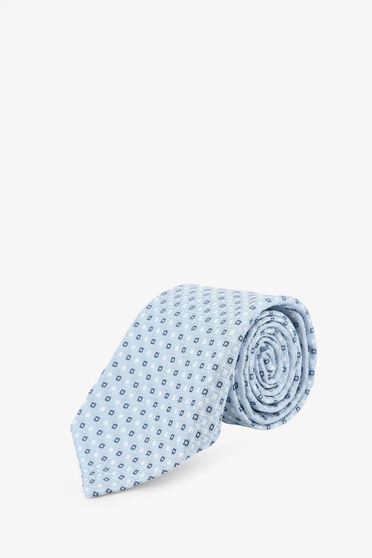 A light blue silk tie with a subtle pattern of small dark gray squares and dots by Kiton men’s silk tie multicolor