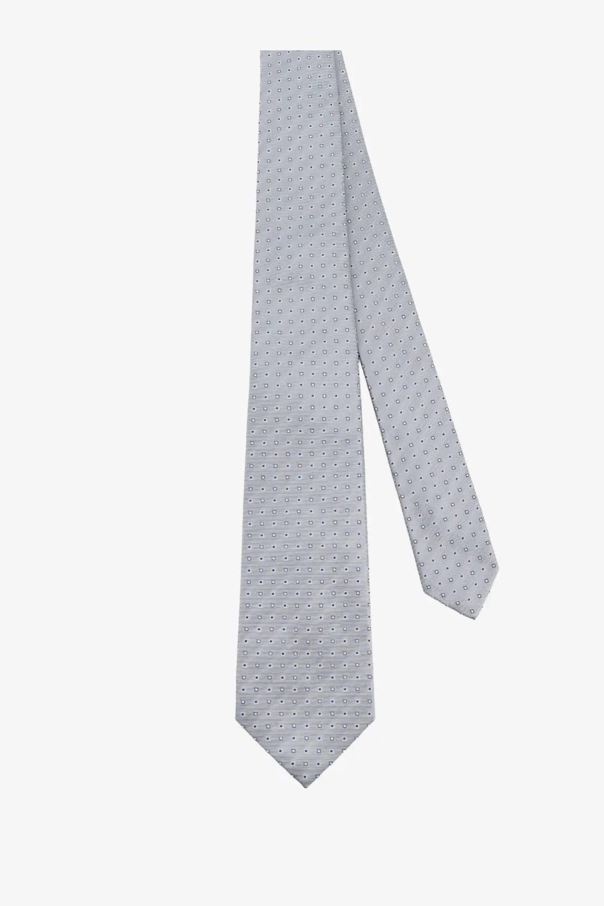 Kiton men’s silk tie in light gray with a subtle pattern of small dark dots for formal wear