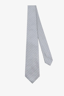 Kiton men’s silk tie in light gray with a subtle pattern of small dark dots for formal wear