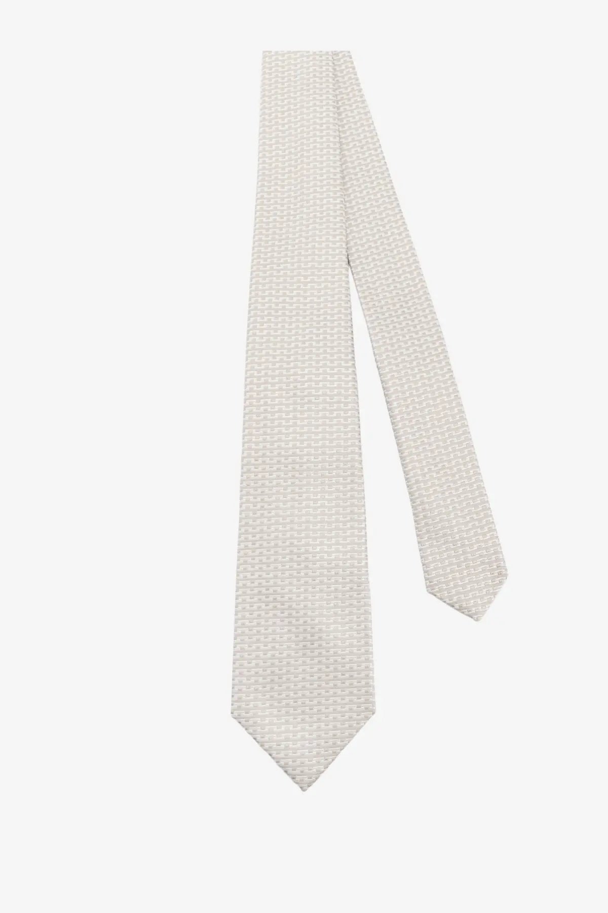 A light gray Kiton men’s silk tie with a subtle woven texture and multicolor accents