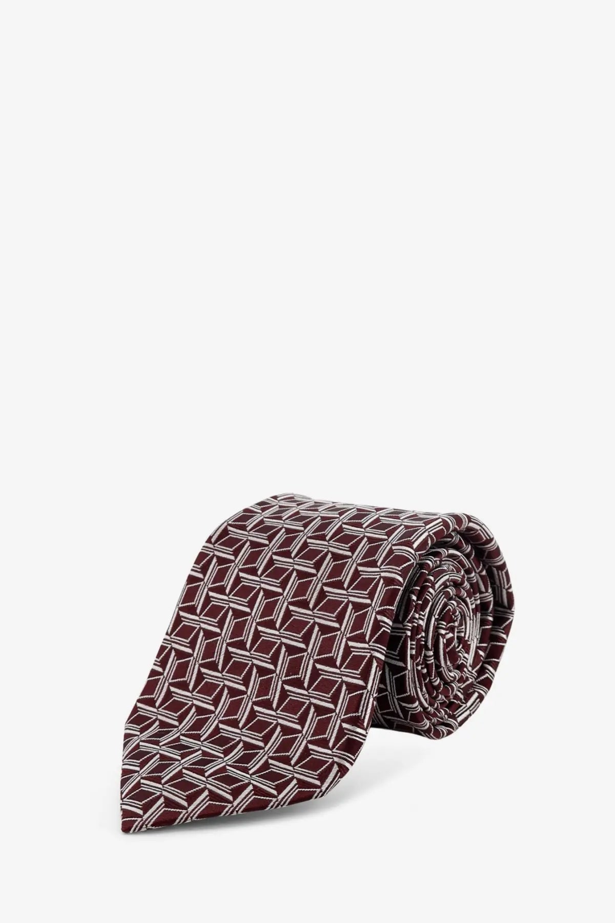 A maroon Kiton men’s silk tie with a white geometric interlocking diamond pattern