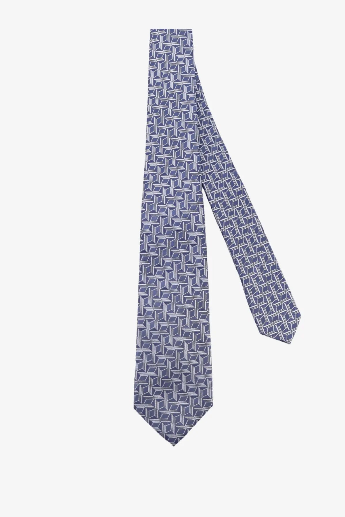 Kiton men’s silk tie in navy blue with a subtle white geometric pattern perfect for formal wear