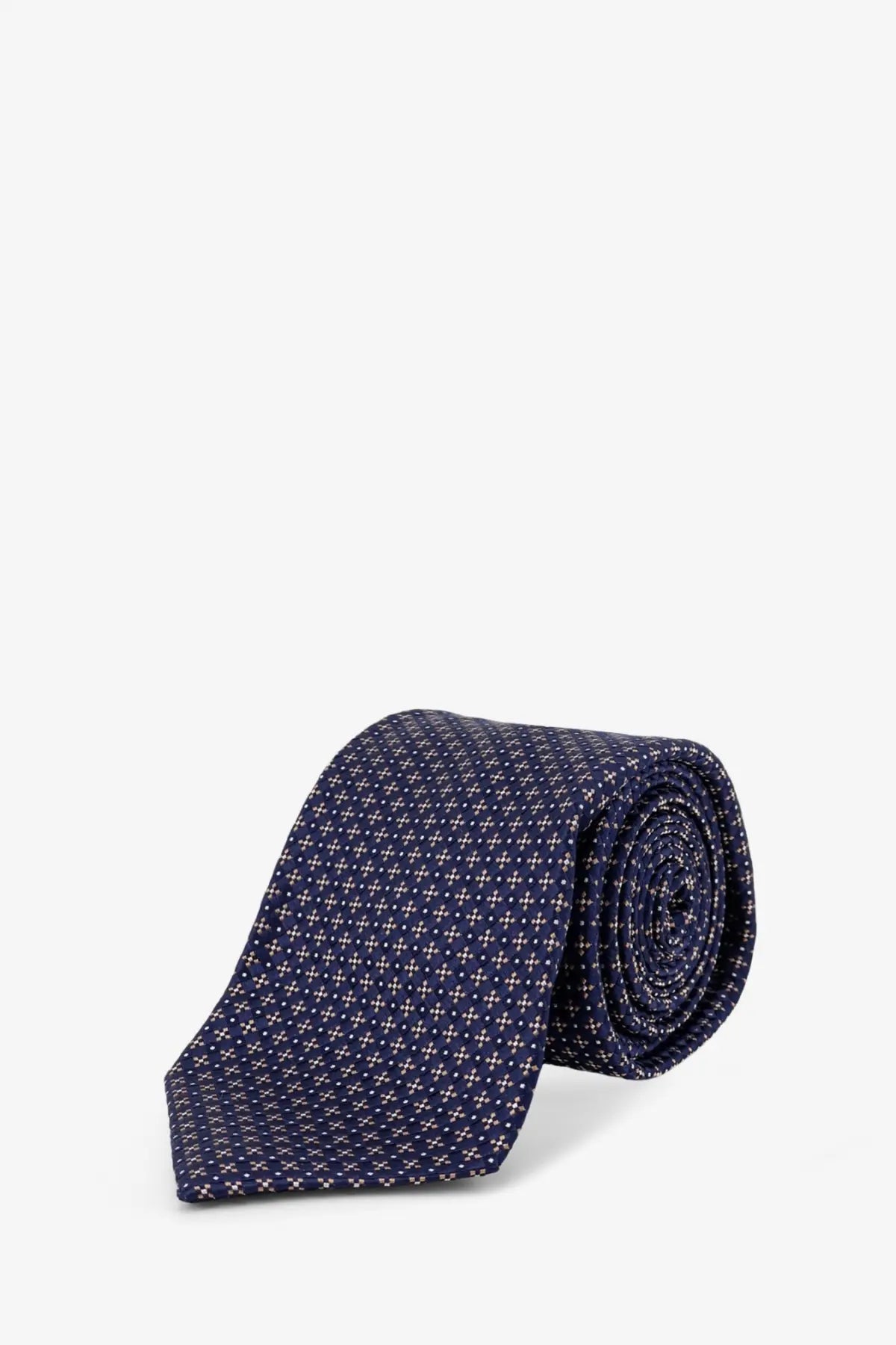 Kiton men’s silk tie in navy blue with a subtle pattern of small white crosses and multicolor accents