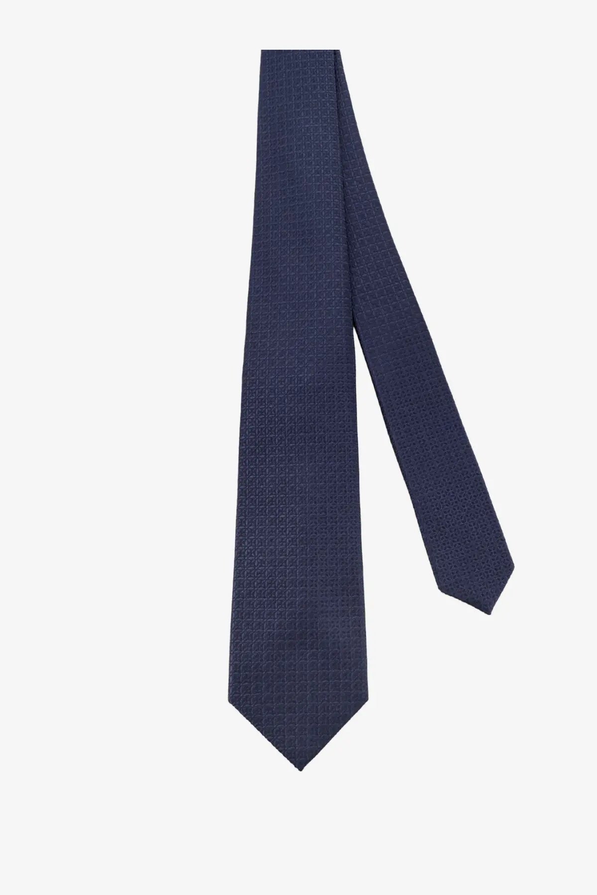 A kiton men’s silk tie in navy blue with a subtle repeating geometric pattern for formal wear