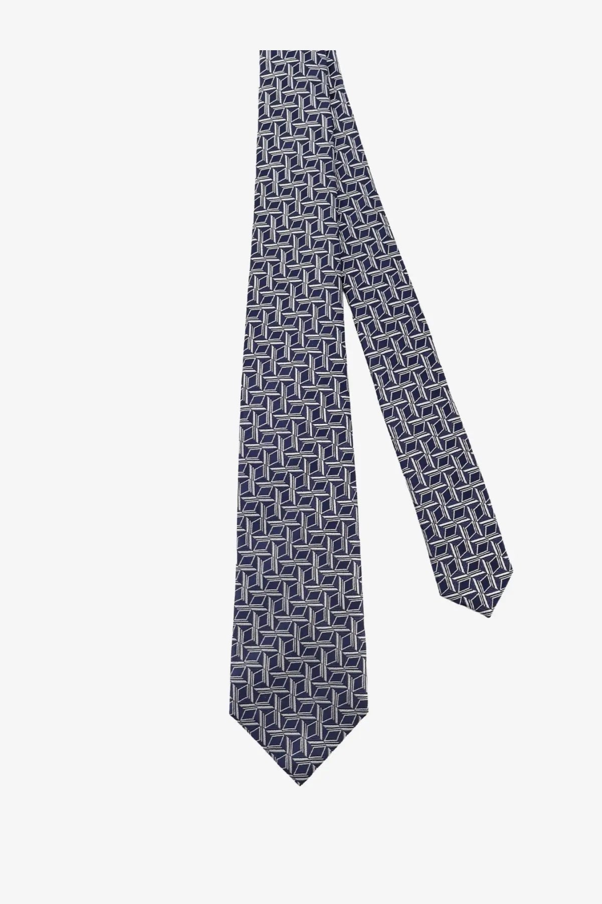 Kiton men’s silk tie in navy blue featuring a subtle white geometric pattern made of luxurious silk