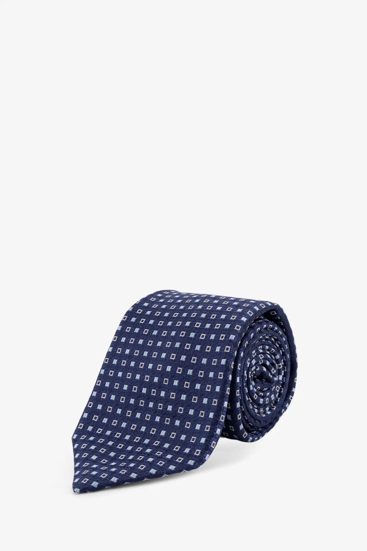 Kiton men’s silk tie in navy blue with a subtle light gray geometric square pattern made of silk