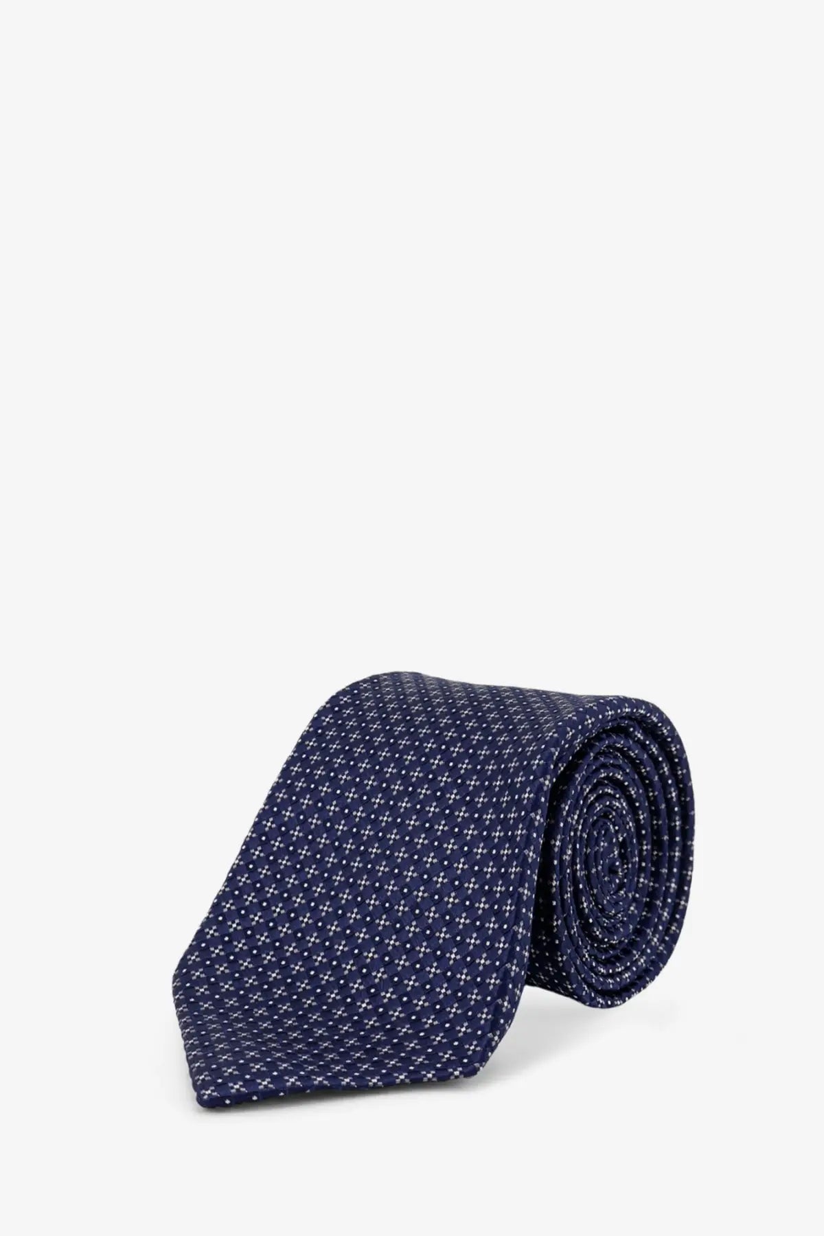 A navy blue silk tie by Kiton featuring a subtle pattern of small white crosses for men