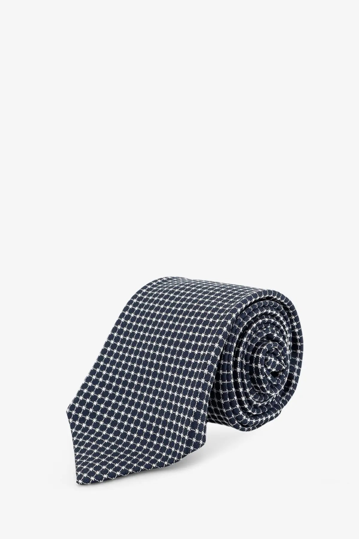 Kiton men’s silk tie in navy blue with a subtle white grid pattern made from smooth silk