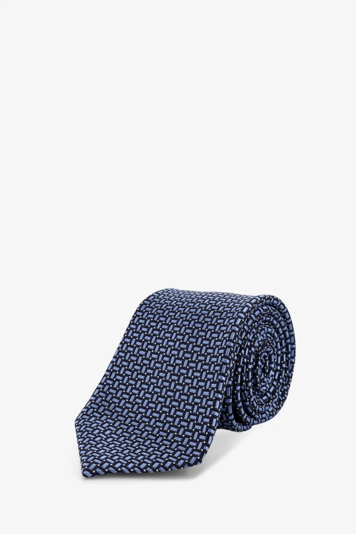 A navy blue Kiton men’s silk tie with a subtle woven geometric pattern made from smooth silk