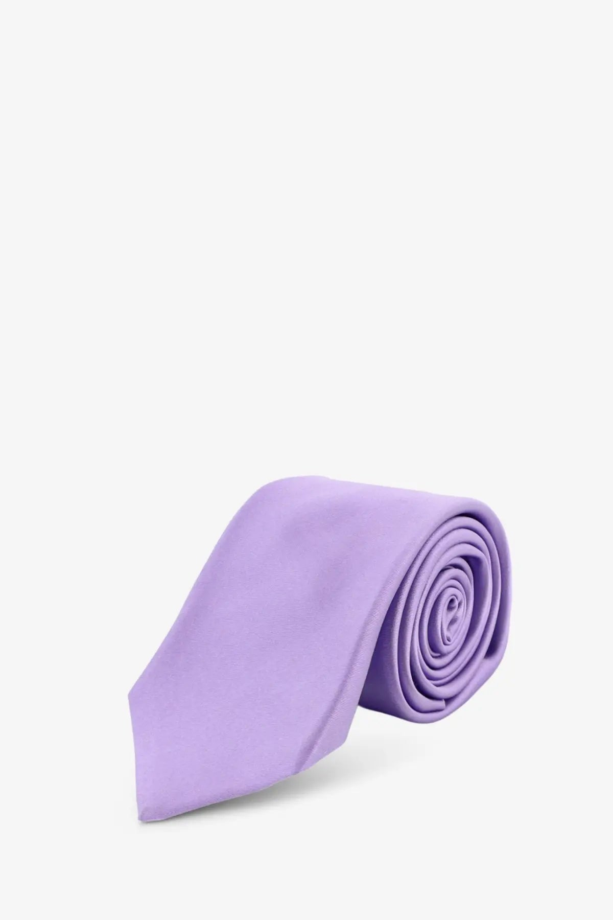 Kiton men’s silk tie in lavender with a smooth solid color and classic tapered design neatly rolled