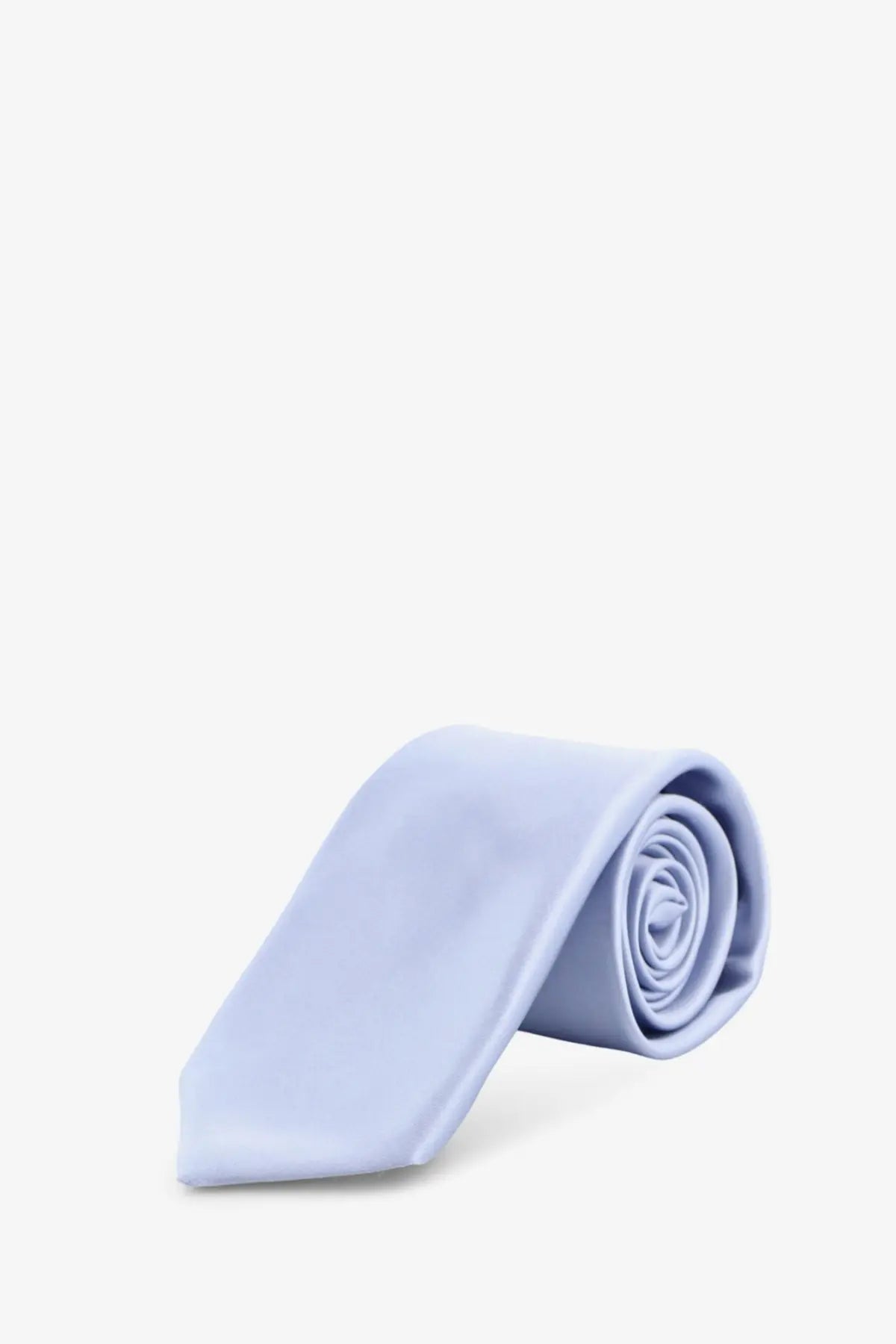 A neatly rolled light blue Kiton men’s multicolor silk tie with a smooth satin-like finish