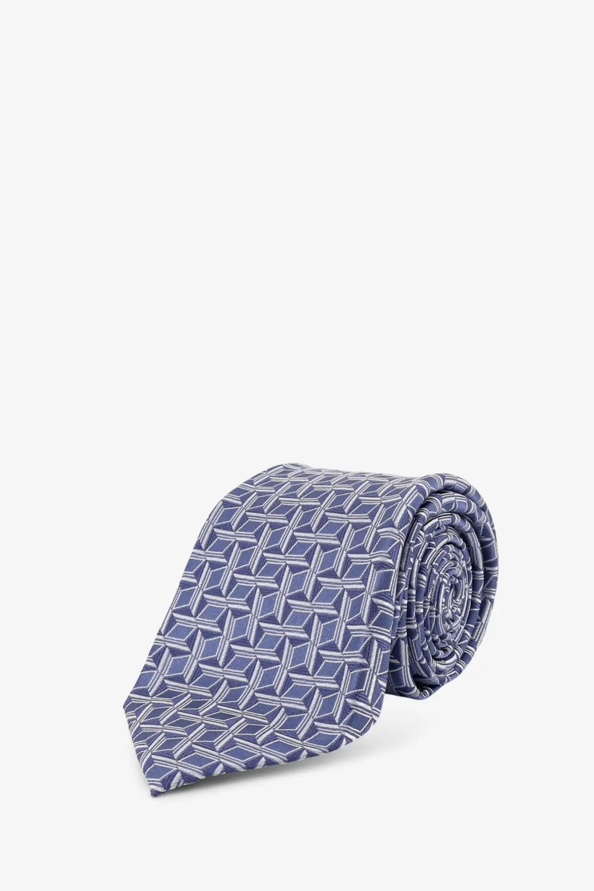 Kiton men’s silk tie rolled neatly in navy blue with a subtle light gray geometric pattern