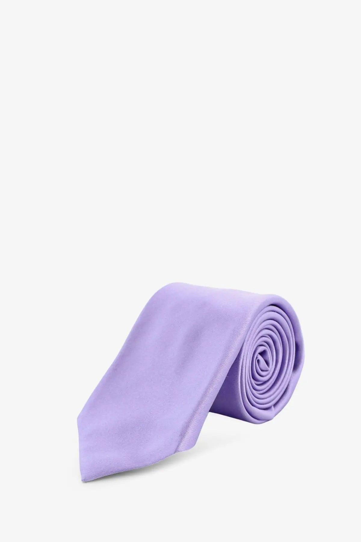 A soft lavender multicolor kiton men’s silk tie neatly rolled on a white background