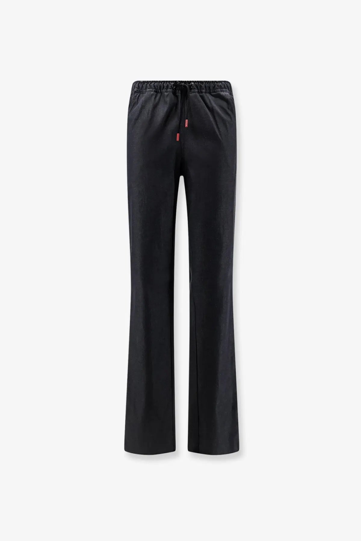 Kiton men’s black satin-like wide-leg stretch cotton trousers with drawstring waistband and subtle red branding on side