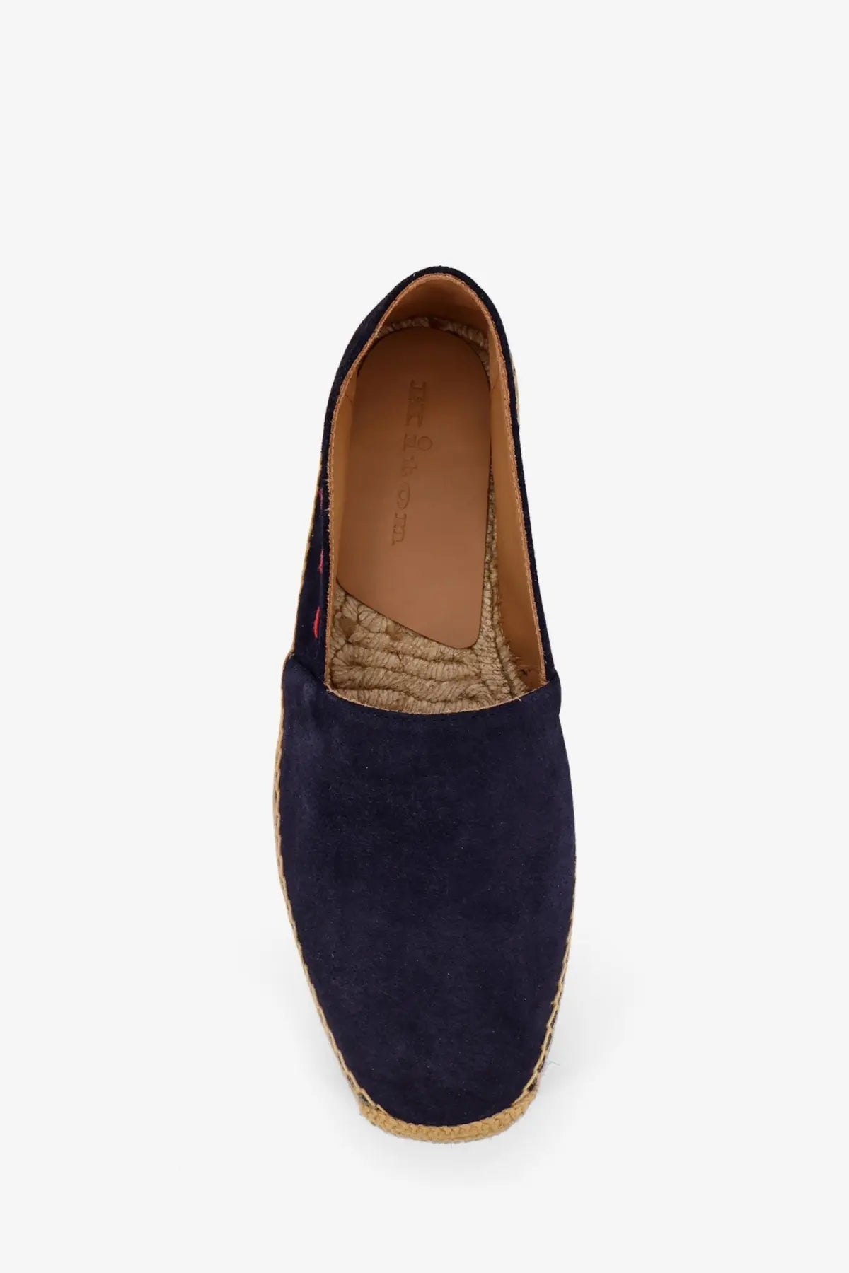 Kiton men’s navy blue suede espadrille shoe with woven jute sole and tan leather lining