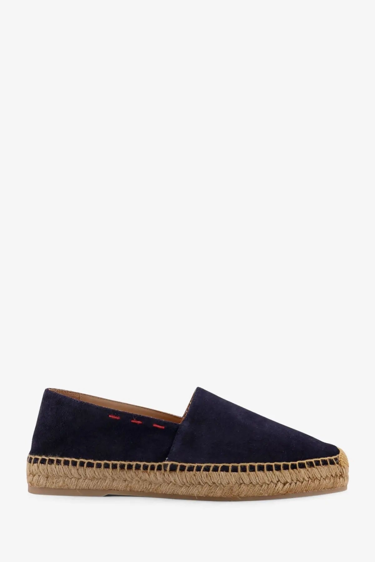 Kiton men’s navy blue suede espadrille shoe with woven jute sole and red stitching details