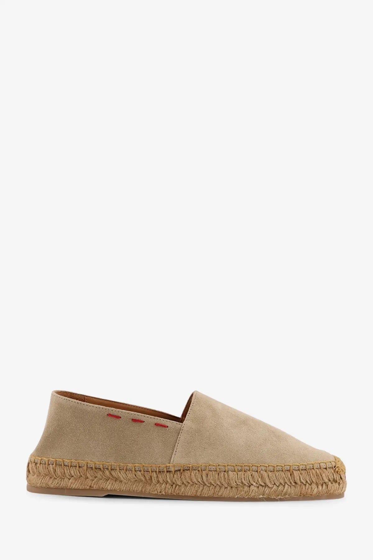 Kiton men’s beige suede espadrille slip-on shoe with woven jute sole and red stitching along the inner edge