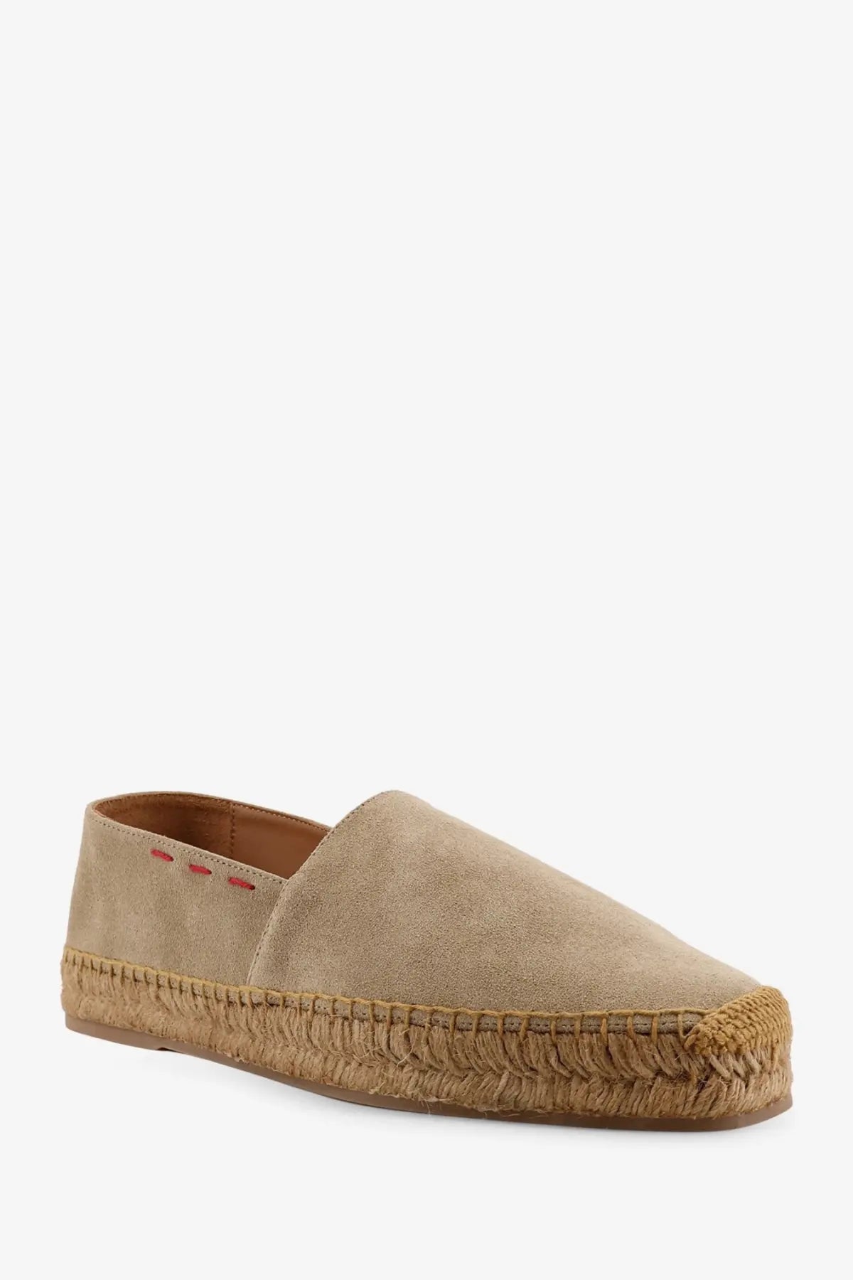 Kiton men’s beige suede espadrille slip-on shoe with woven jute sole and red stitching along the opening