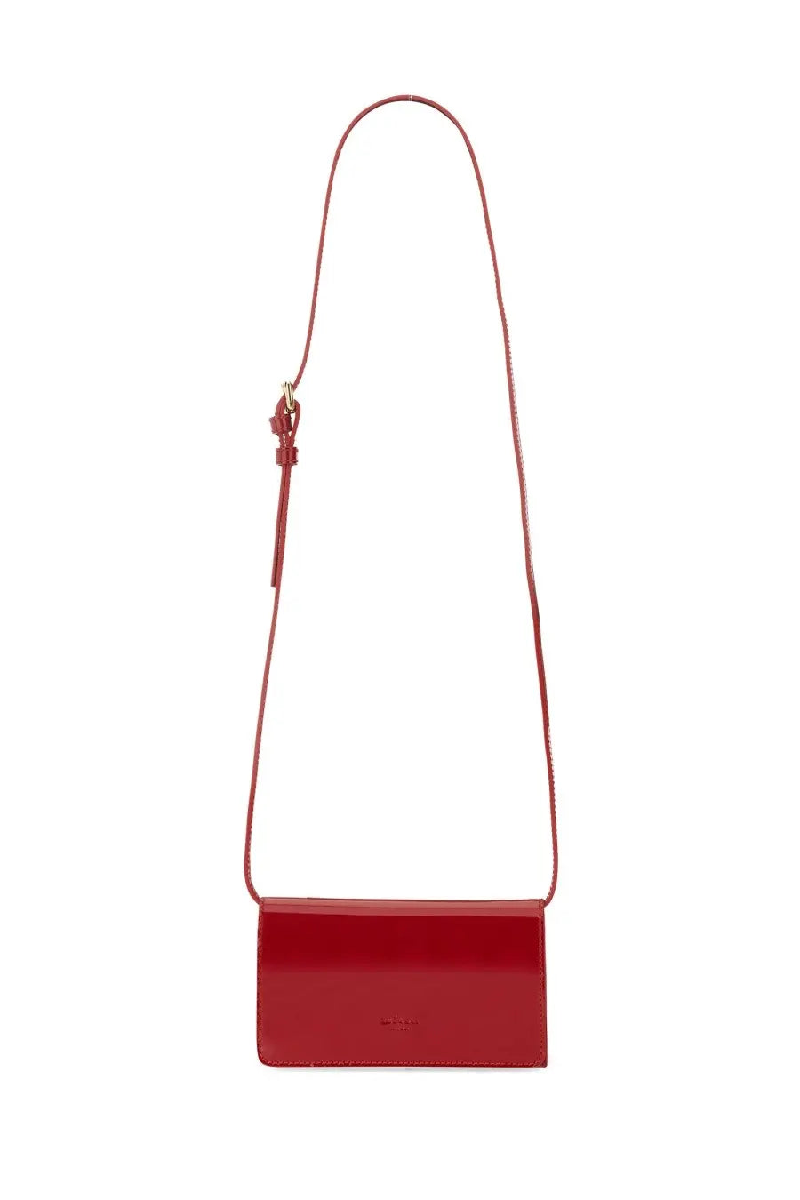 A sleek glossy red leather kiton women’s kros crossbody bag with a slender adjustable strap and minimalist design