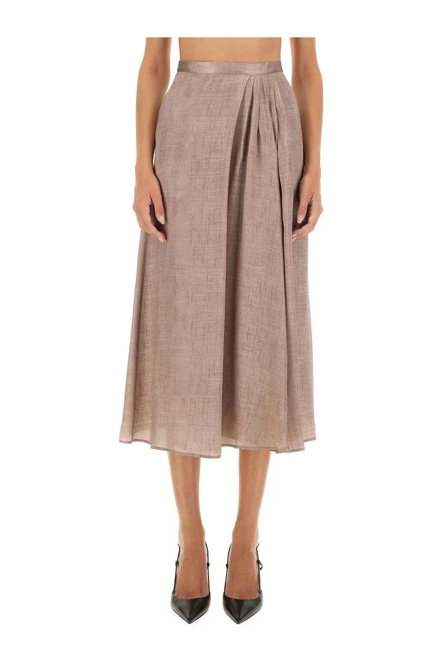 Kiton women’s midi skirt in muted rose gold with pleated texture and matching satin waistband