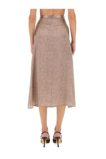 Kiton women’s midi skirt in taupe with textured fabric high waist and subtle pleating for elegant wear
