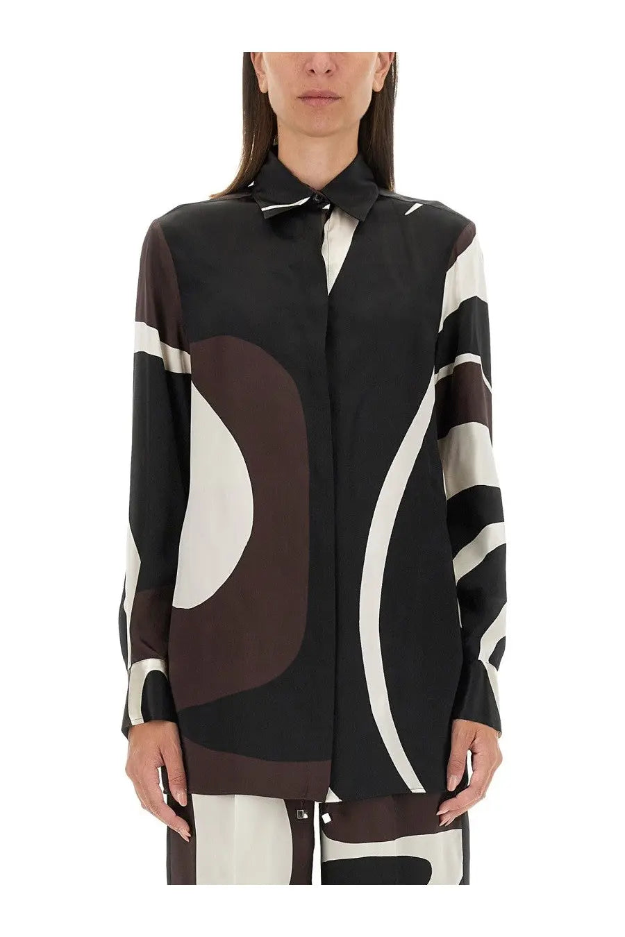 Kiton women’s printed shirt brown featuring a black white and brown abstract-patterned silk blouse with classic collar