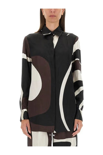 Kiton women’s printed shirt brown featuring a black white and brown abstract-patterned silk blouse with classic collar