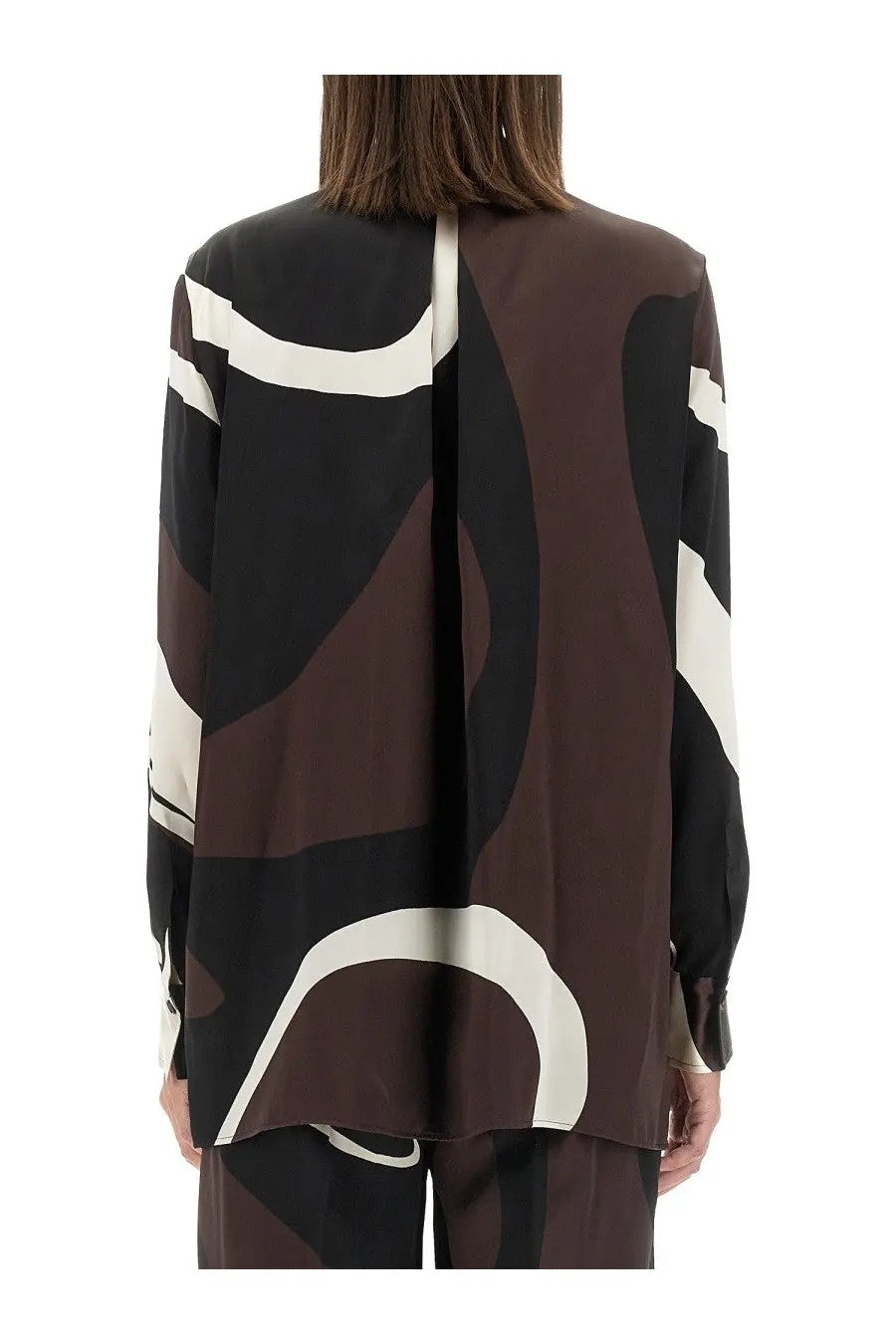 Kiton women’s printed shirt brown flowing long-sleeved blouse with bold abstract black brown and cream curves
