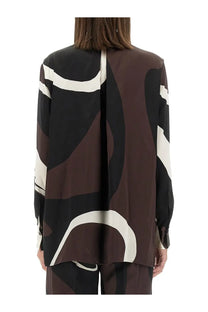 Kiton women’s printed shirt brown flowing long-sleeved blouse with bold abstract black brown and cream curves