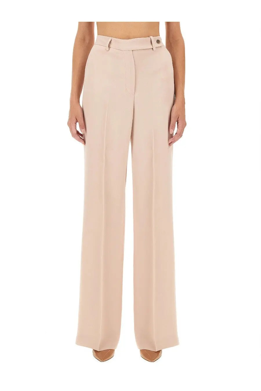 Kiton women’s satin pants blue beige high-waisted wide-leg trousers with sleek tailored fit and subtle front pleats