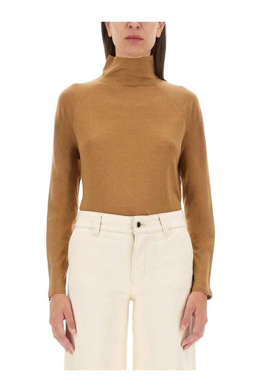 Kiton women’s camel-colored turtleneck shirt with long sleeves and subtle textured knit in beige