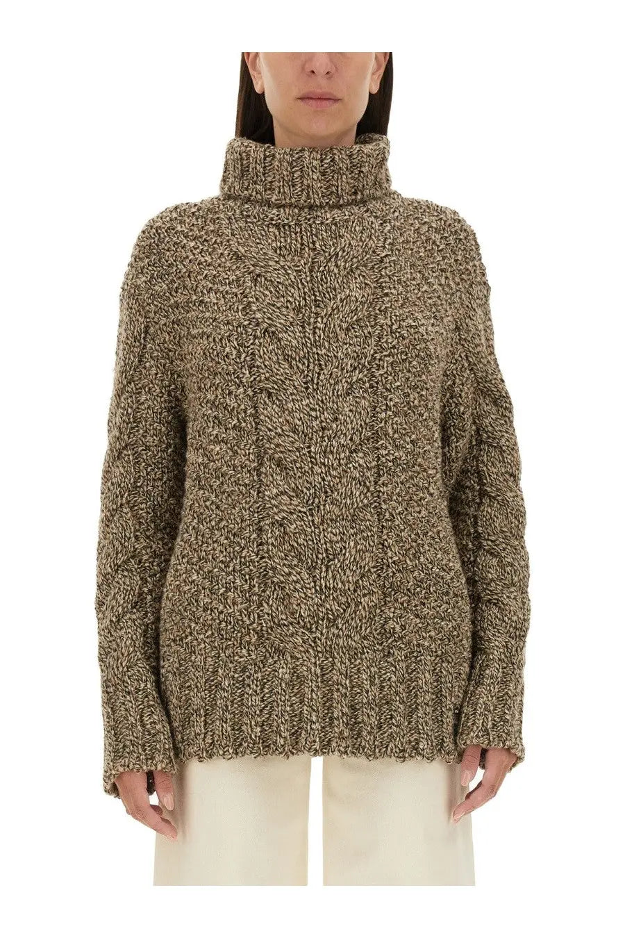 Kiton women’s wool jersey brown chunky textured knit turtleneck sweater in heathered olive and beige blend