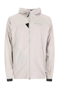 Klättermusen men’s giacca nal con beige hooded jacket with black triangular accent zipper pull and subtle chest logo
