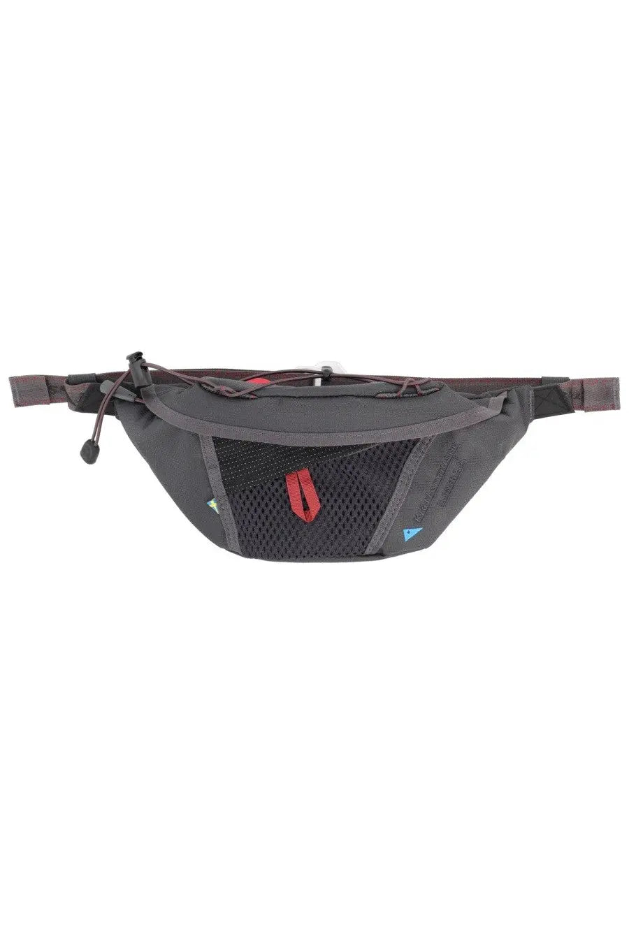 KläTtermusen men’s Marsupio Eldner grey waist pack with mesh side panel, red zipper pull, and blue logo detail