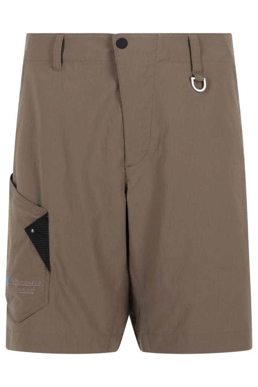 KläTtermusen men’s tan cargo shorts alfhild brown with black mesh panel and silver metal d-ring on the side