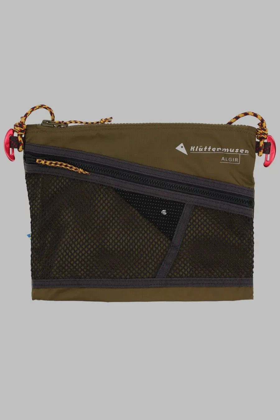 Olive green klättermusen womens borsa algir medium sling bag with mesh panels and red carabiner attachments