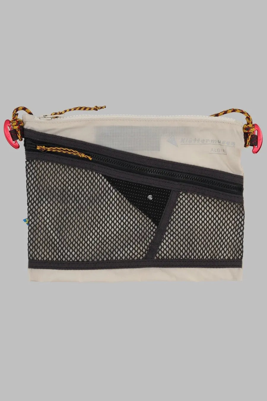 Klättermusen womens borsa algir medium white pouch with off-white and black mesh, transparent top, gold zippers, and pink clips