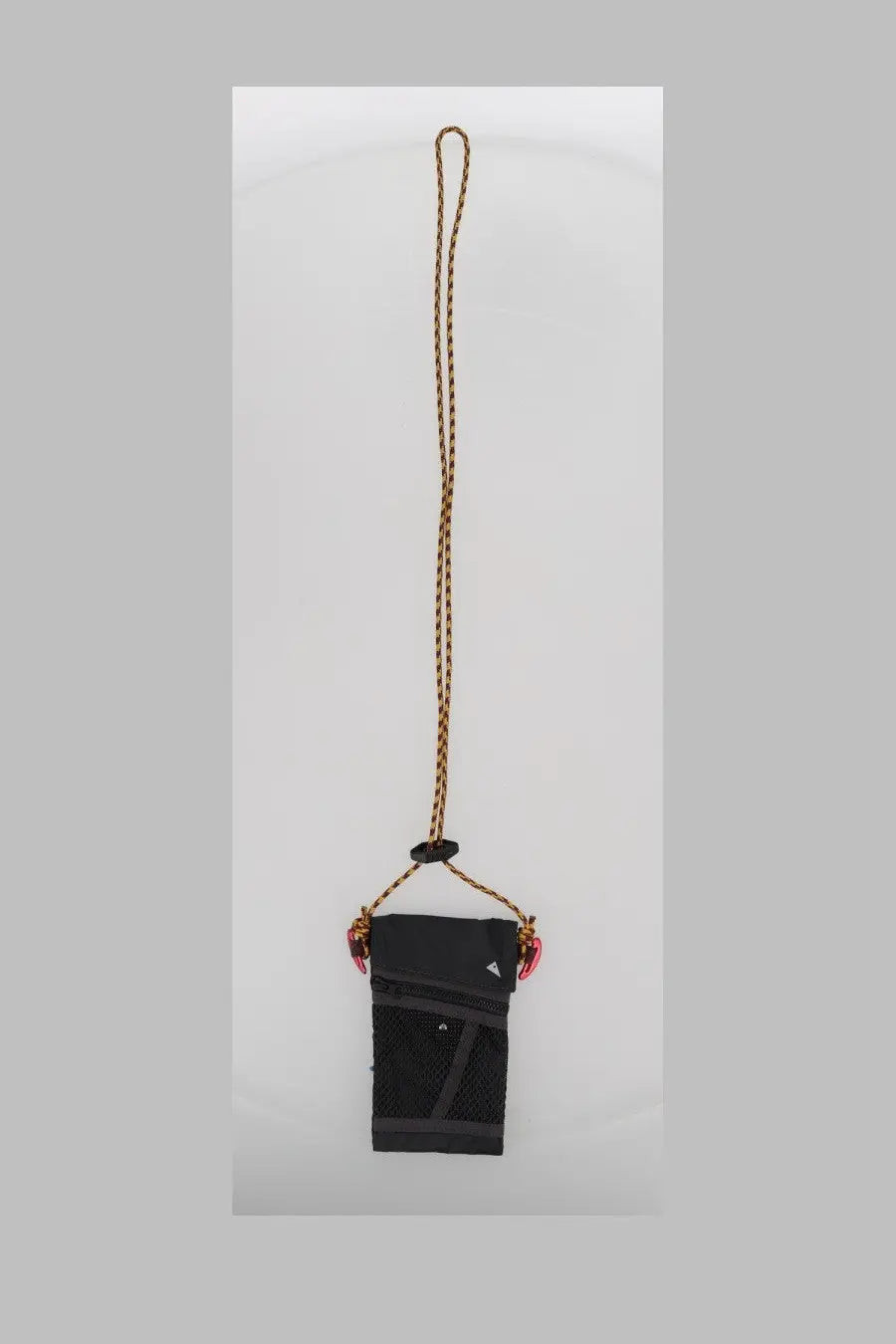 Klättermusen women’s borsa algir smartphone pouch in black mesh and fabric with braided brown cord and pink heart charms