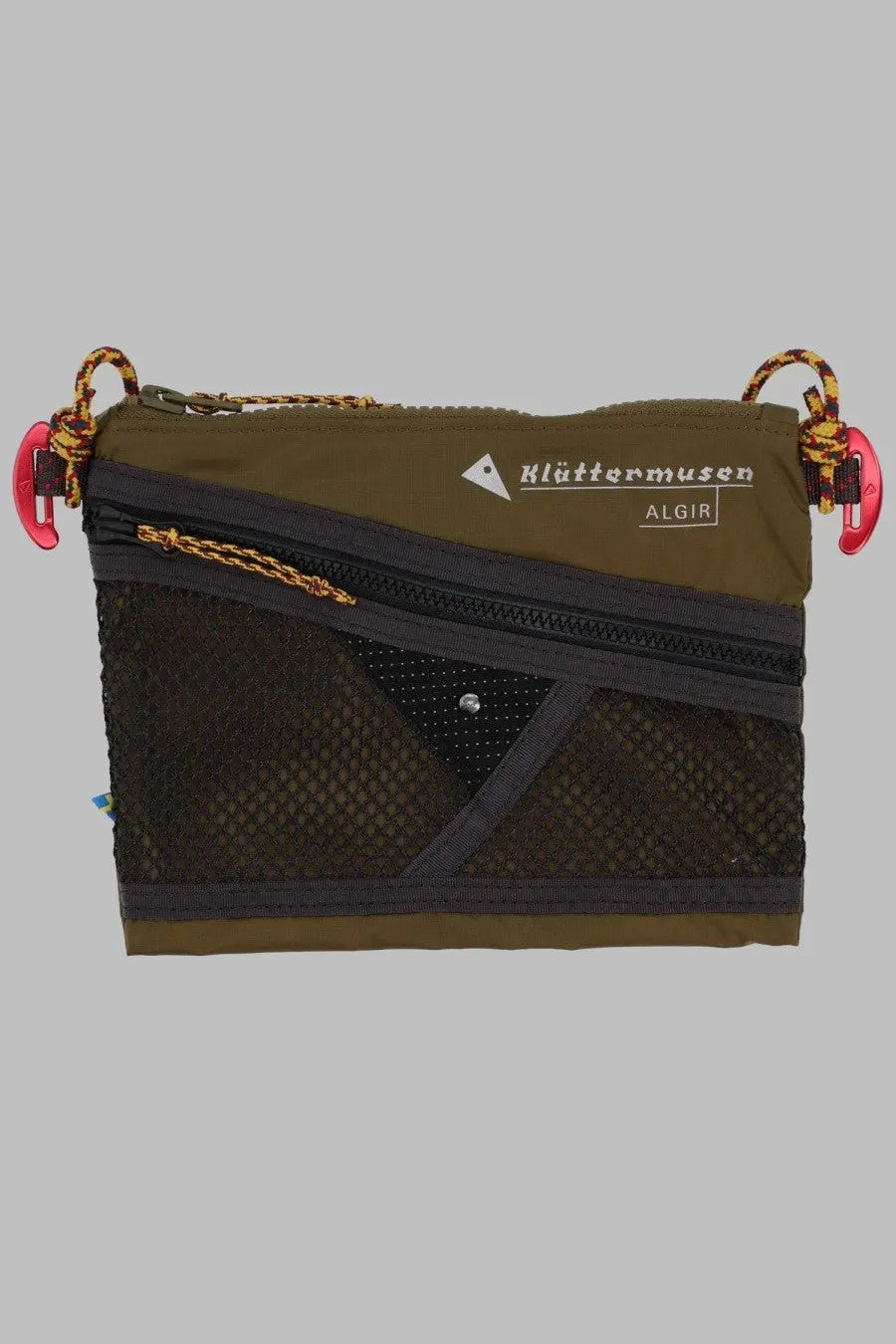Klättermusen women’s borsa algir small olive green and black mesh utility pouch with red clips and gold zipper pulls