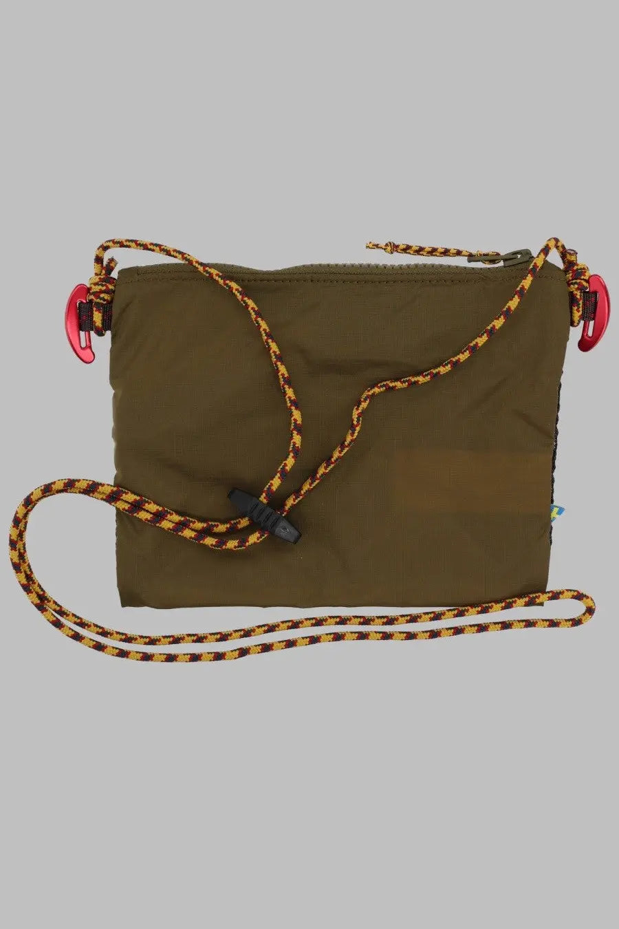 Klättermusen women’s borsa algir small olive green nylon crossbody bag with yellow brown braided strap and red clips