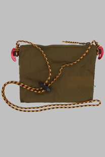 Klättermusen women’s borsa algir small olive green nylon crossbody bag with yellow brown braided strap and red clips