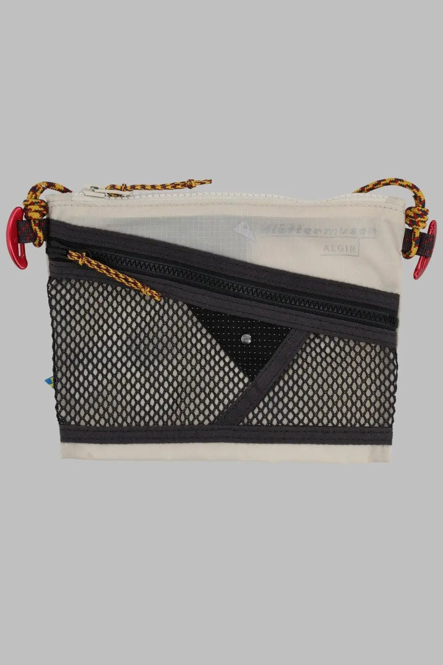Klättermusen women’s borsa algir small white crossbody bag with black mesh front and transparent white fabric top section