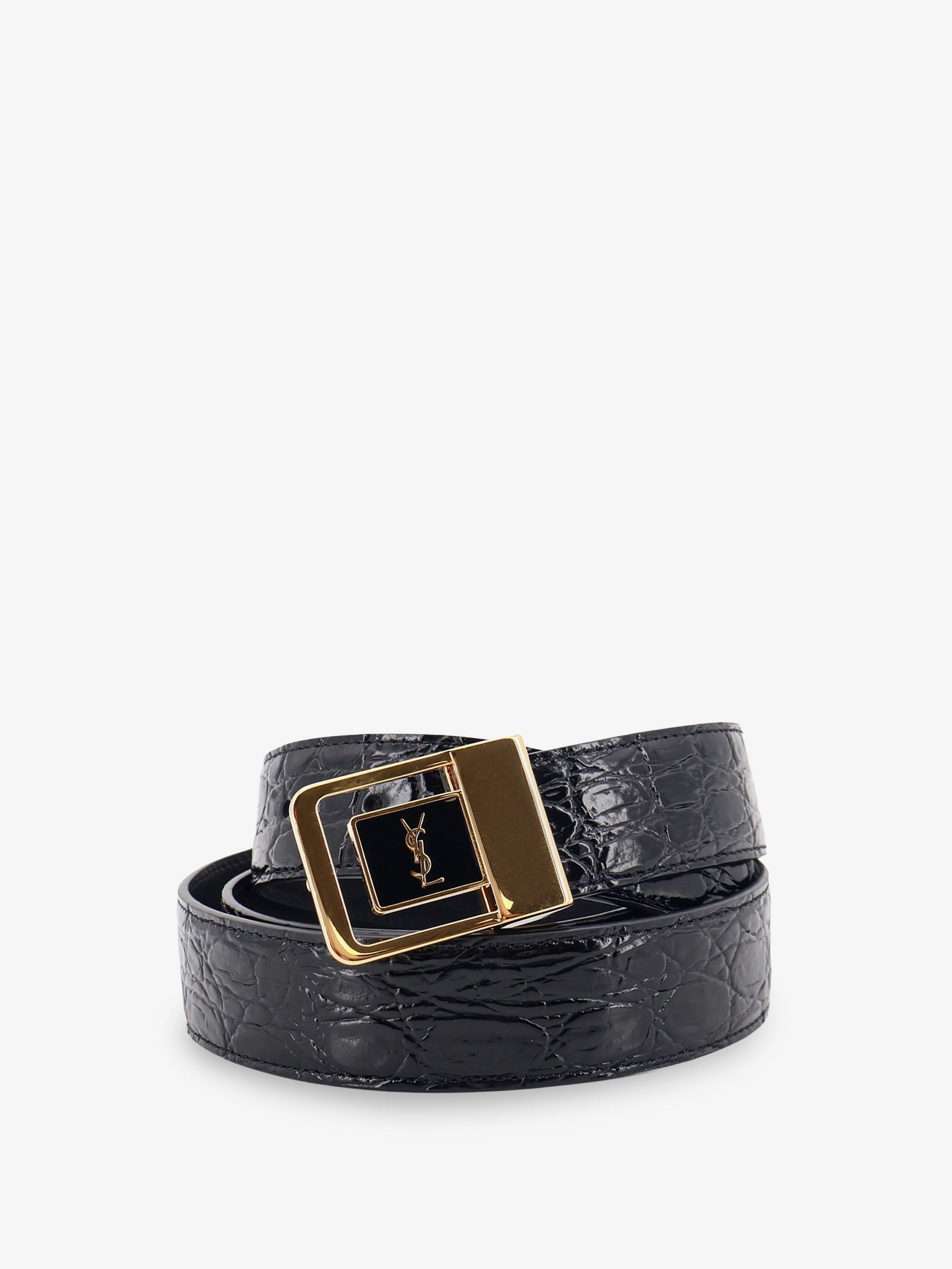 Saint Laurent Men's La Crocodile Embossed Leather Belt Black
