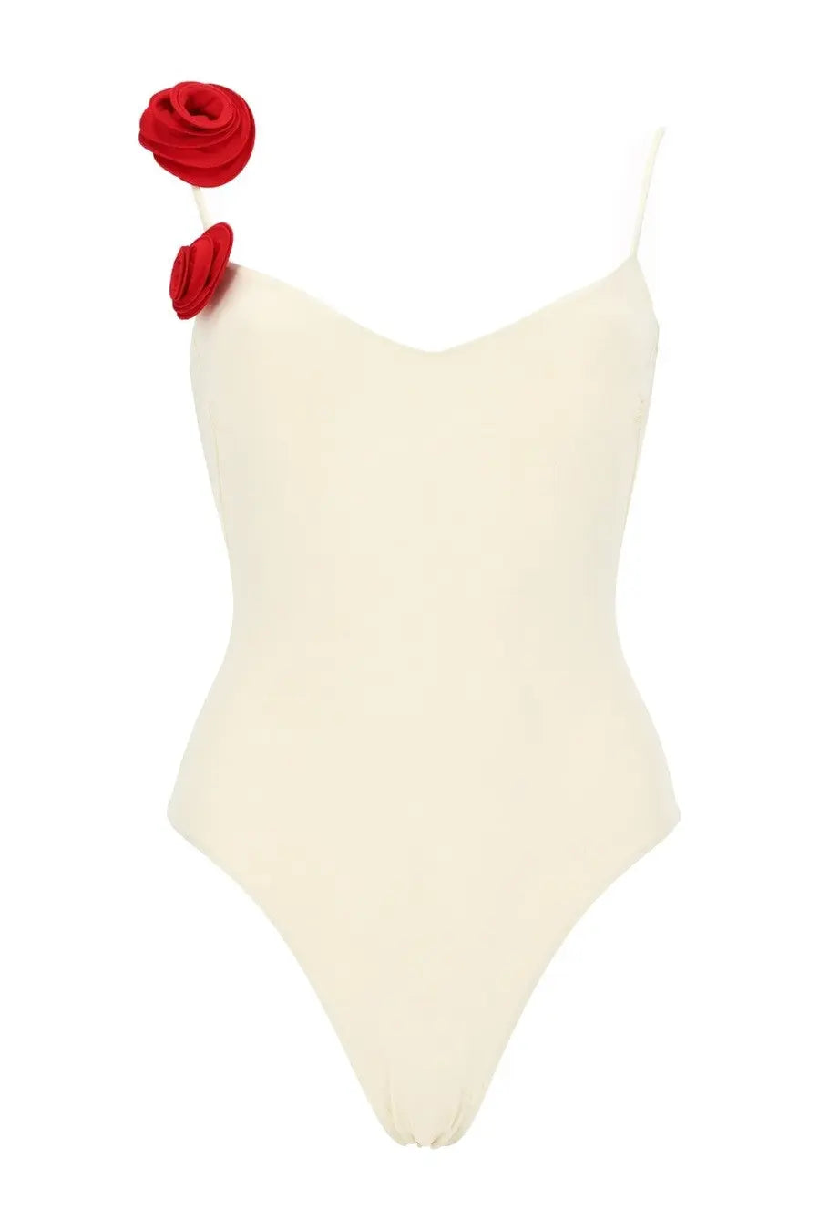 La Reveche women’s cream-colored one-piece swimsuit with thin straps and two red fabric roses on the shoulder