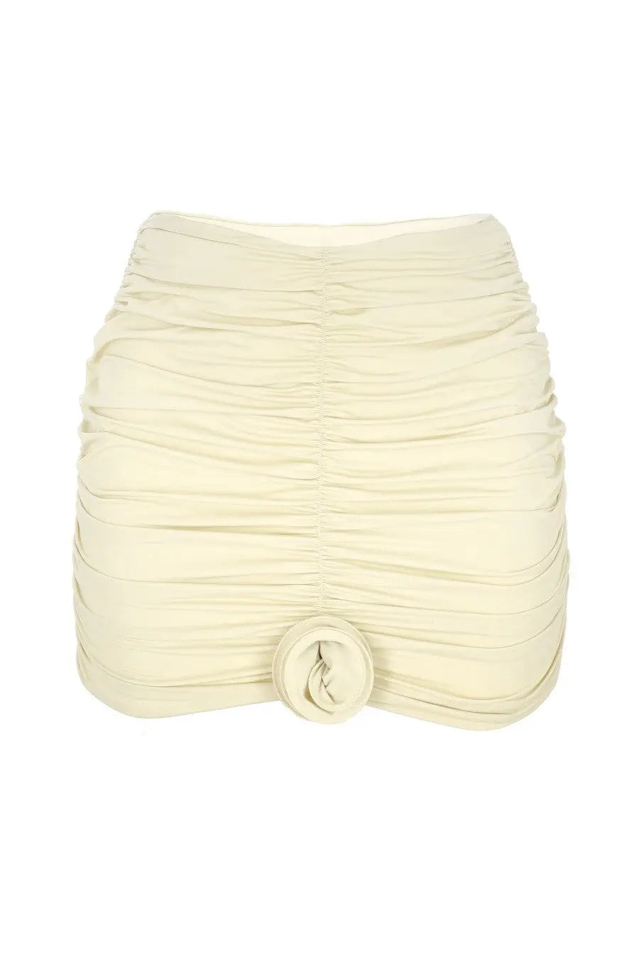 La reveche women’s gonna lillibet white cream-colored ruched mini skirt with matching fabric rose accent at the front