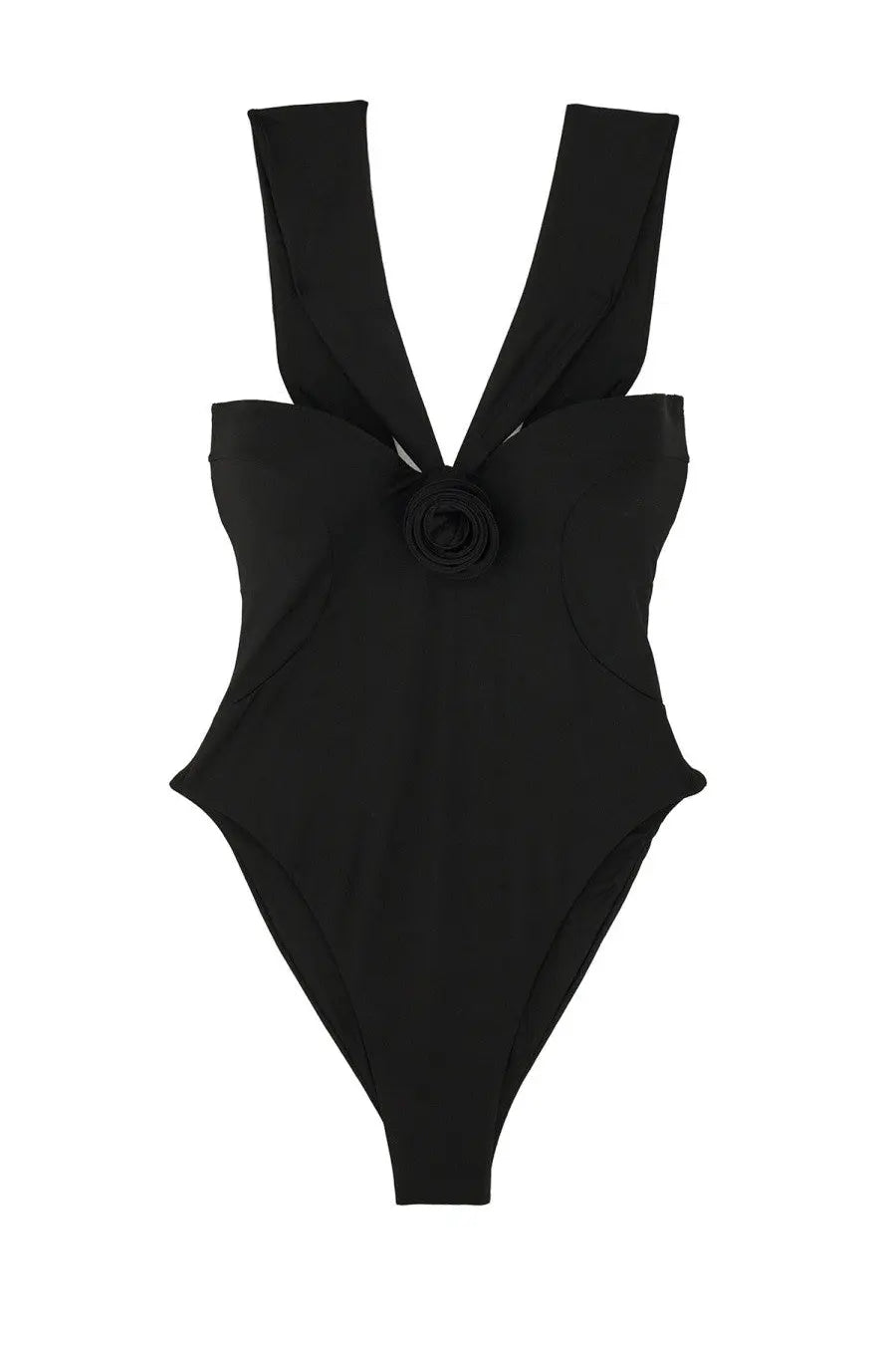 La reveche women’s sahar one piece swimsuit in black with deep v neckline and fabric rose detail at center front