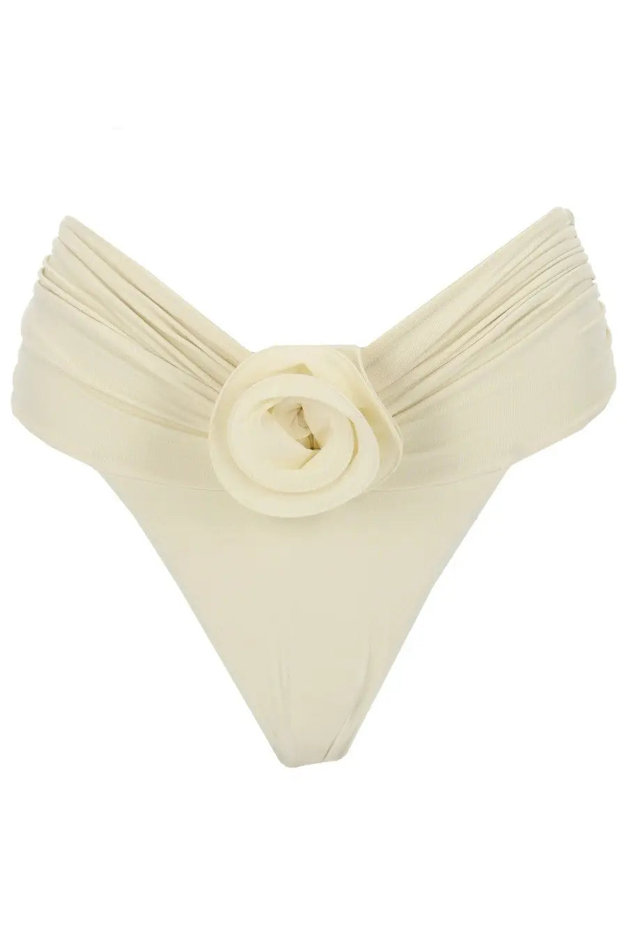 Cream-colored satin bikini bottom with central ruched rose embellishment from la reveche women slip bikini derya white